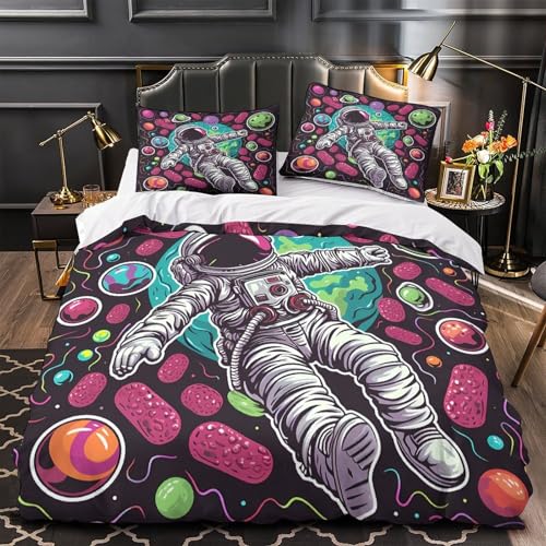 MQBASHIRP Astronaut schwebt 3D Bedruckt Deckenbezug 3teilig Mikrofaser maschinenwaschbar Weltraum-Cartoon Deckenbezug 2 Kissenbezüge hautfreundlich Kinder Jugendliche Super King?260x220cm?