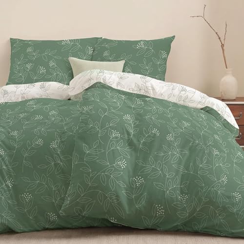 Dreamzie - 2-teiliges Bettwäsche Set 135x200 cm – Salbeigrünes Blättermuster – mit 2 Kissenbezügen 80x80 cm – Bettbezug aus 100% Mikrofaser – Oeko-Tex Zertifiziert – Ohne Schadstoffe