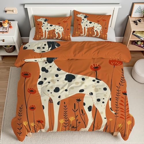 EXSANLIEAY Dalmatiner Bettwäsche 200x200 - BlüMchen Wendebettwäsche, Weiche & Atmungsaktiv Microfaser Bettbezug + 2 Kissenbezug 80x80, Angenehme bettwäsche-Sets, 3 Teiligmit Reißverschluss