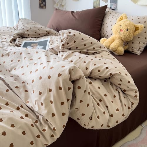 Nyescasa Herz Bettwäsche 140x200 Braun Herzen Bettbezug Mädchen Kinder Weich Mikrofaser Herzmuster Wendebettwäsche Set mit Reißverschluss und Kissenbezug 70x90cm