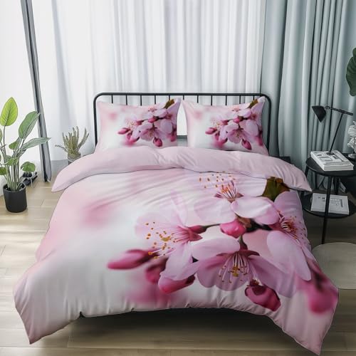 Bettbezug mit Reißverschluss 135 x 200 2 Kissenbezug für Jungen Mädchen Erwachsene, Weich Atmungsaktiv Mikrofaser Bettwäsche Elegant Blumen Kirschblüte Thema, Rosa