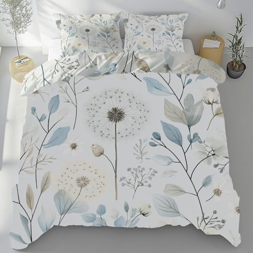 Meugesoi Löwenzahn Pflanzen Blätter Wendebettwäsche 200x200 cm Rustikal Pusteblume Bettbezug Mikrofaser Weich Atmungsaktiv mit Reißverschluss Bettwäsche 3-Teilig mit 2 Kissenbezüg 80x80 cm