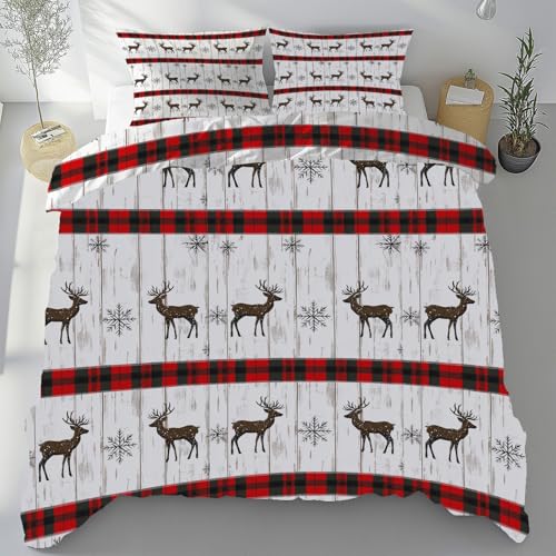 Meugesoi Weihnachten Elch Schneeflocke Bettbezug 135x200 cm 3-Teilig Schottisches Plaid Bettwäsche Mikrofaser Weich Atmungsaktiv, Bettwäsche Set mit 2 Kissenbezüge 80x80 cm mit Reißverschluss