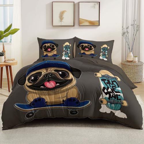 Bettwäsche-Set 3-teilig mit Reißverschluss 135 x 200 cm und 2 Kissenbezug, Weicher Mikrofaser Reversibel Bettbezug Set Cartoon Tierdruck Mops Thema Perfekt für Kinder Erwachsene, Grau