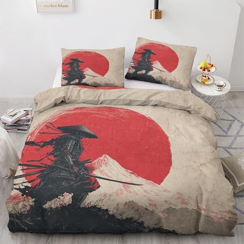 Generisch Japanische Samurai Bettwäsche 135x200 cm, Asiatisch Orientalisch Bettwäsche-Sets 2 Teilig, Bettbezug + 1 Kissenbezüge 80x80cm Weich Mikrofaser mit Reißverschluss M&-66