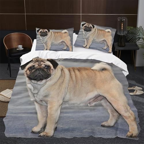 NDXRWDZR Bettwäsche 135x200 SüßEr Mops Bettwäsche-Set mit Reißverschluss Schließung für Kinder Weicher Atmungsaktive Mikrofaser Bettbezug + 2 Kopfkissenbezug 80x80 cm