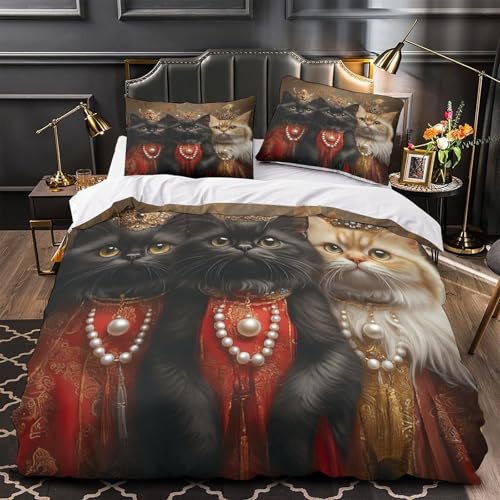 RJAVAGFZL Porträts königlicher Katzen 3D-Druck 3er-Set Bettdeckenbezug Steppbezug Mikrofaser Reißverschluss Staubmilbenfest für Jugendliche Kinder Erwachsene Single (135x200cm)