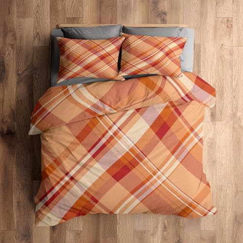 Generisch 140x200 Bettwäsche Kariert Bettbezug - 2tlg, 1 Kissenbezug 70x90, Orange Rot Tartan Muster, Schlafzimmer Deko, Weiche Mikrofaser Wendebettwäsche mit Reißverschluss [N0958]