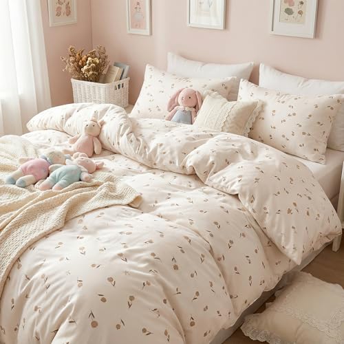 Covebett Bettwäsche 135x200 Beige Braun Tulpen Blumen Schleifen Aesthetic Bettbezug Blümchen Blumenmuster Mädchen Mikrofaser Weich Bettwäsche-Sets 2teilig mit Reißverschluss und Kissenbezüge 80x80 cm
