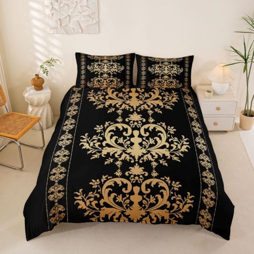 Homemissing Jacquard Vintage Damask Bettwäsche Set 220x240cm Gold Schwarz Druck Damask Muster Bettwäsche-Set für Jungen Mädchen Jugendliche Bettbezug Romantisch Blumenmuster Luxus mit 2 Kissenbezüge
