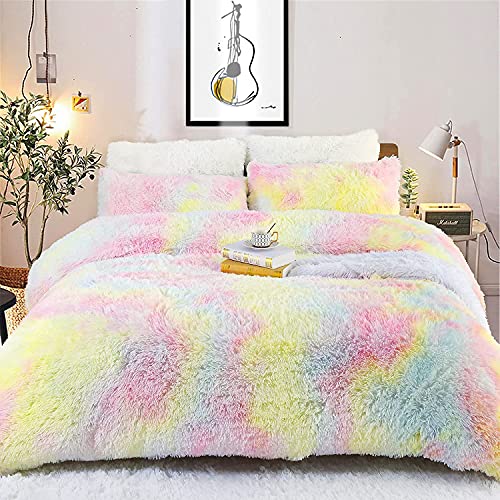 Sacebeleu Plüsch Bettwäsche Set 135x200cm Bunt Warme Winter Flauschig Flanell Biber Mädchen Bettbezug mit Reißverschluss und 1 Kissenbezug 80x80cm