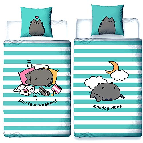 BERONAGE Pusheen Bettwäsche Purrfect Weekend in rosa/türkis Kissenbezug 80x80 cm + Bettbezug 135x200 cm 100% Baumwolle Linon Renforcé Sweet Cat süße Katze 2 Vollmotive Wendebettwäsche Reißverschluss