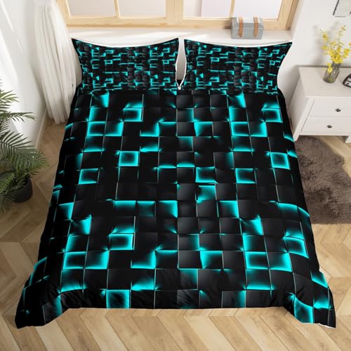 Homewish Bettwäsche-Set für Jungen, geometrisch, kariert, türkis, für Kinder, Teenager, Herren, Spielzimmer-Dekor, abstraktes Ombré-kariert, Bettbezug, geometrische Raster, Mikrofaser, Neonschwarz