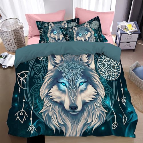 WunM Studio Bettwäsche 200 * 200cm Türkis Mysteriöser Wolf Bettbezug Set 3 Teilig Magisches Mandala Blümchen Blumenmuster Weich Bettwäsche-Sets mit 2 Kissenbezüge 80x80 cm und Reißverschluss