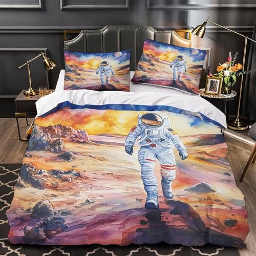 Yilani Astronaut geht 3D Bedruckt Deckenbezug 3teilig Mikrofaser maschinenwaschbar Weltraumlandschaftsmalere i Bettdeckenbezug 2 Kissenbezüge pflegeleicht Kinder Jungen Super King?260x220cm?