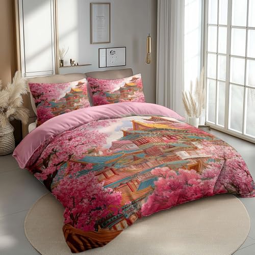 Bettbezug 200 x 200 cm Bettwäsche Set 3 Teilig mit 2 Kissenbezügen, Muster Orientalisch Alte Gebäude Romantisch Kirschblüten Wende Rosa Bettwäsche für Erwachsene, aus Mikrofaser mit Reißverschluss
