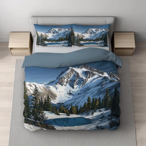 Generisch Bettwäsche 135 x 200 cm See Blau - Foto Schneeberge Gipfel Bettwäsche-Sets Bügelfrei Weiche Hochwertige Stoffqualität Bettbezug für Sommer und Winter mit Reißverschluss, 1 Kissenbezug