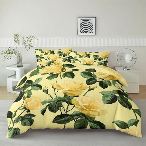 Quixora Bettwäsche 135 x 200 cm Gelbe Rosen im Denim-Stil Hypoallergen 3-Teilig Bettbezug Set - Bettwäsche mit 2 mal Kissenbezug 80x80cm, Umweltfreundlich Bettdeckenbezug Set mit Reißverschluss