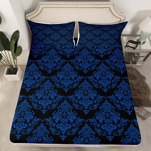 Vintage Damast Floral Spannbettlaken M Größe,Boho Paisley Bettwäsche Sets Kinder Jungen Erwachsener Schlaf,Exotische orientalische Bettlaken Schwarz Blau Gothic Tiefe Tasche Blatt,1 Kissenbezug