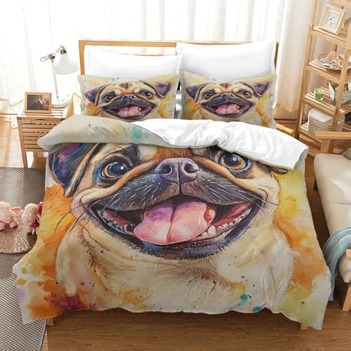 CCIZFMQ 3D Druck Mops Bettwäsche Set Mikrofaser Süßer Hund Mit Reißverschluss, Für Kinder, Jungen, Mädchen, Schlafzimmer Dekor Double?200x200cm?