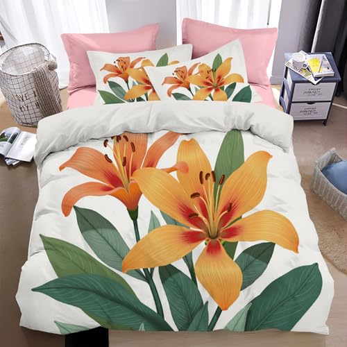 Bettwäsche 135*200cm orange Orangefarbenes Lilien Bettbezug Set 2 Teilig handgezeichneter Illustrationsstil Blümchen Blumenmuster Weich Bettwäsche-Sets mit 2 Kissenbezüge 80x80 cm und Reißverschluss