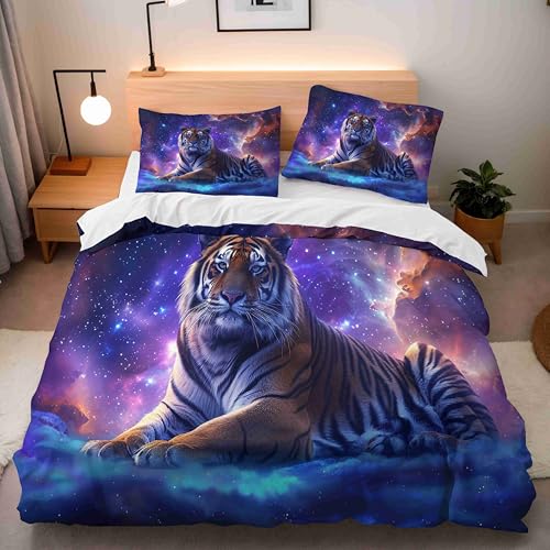 Bettwäsche 135x200 cm 3D Star Tiger Bettwäsche-Sets 135x200 3teilig mit Reißverschluss Weiche und Angenehme Schlafkomfort Microfaser Bettbezug mit 2 Kopfkissenbezüge 80x80 cm