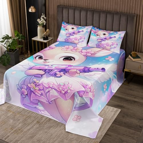 Kinder Träumende Hirsch Bettwäsche für Kinder Jungen, Schöne wilde Tier Nette Prinzessin Stil Coverlet Set Schlafzimmer Dekor, Blaue Himmel Sterne Wolke Cartoon Quilt Set mit 1 Kissen Sham, S Größe