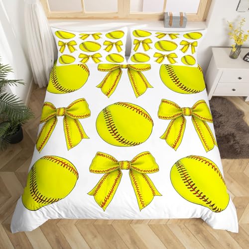 Manfei Softball Bettdecke Set M Größe,Kawaii Prinzessin Bowknot Bettwäsche Set für Jungen Mädchen,Nette Softball Textur Decken Abdeckung (kein Füller),Aquarell Sport Theme Quilt Abdeckung