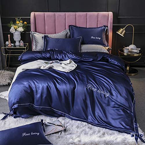 Seidenbettwäsche-Sets King Size, Bettbezug Double Grey Silk, Bettwäsche-Sets Bettbezug-Sets King Size Luxury Full Satin Silk Soft Silky Navy White 4-teiliges Bettbezug-Set für Erwachsene, doppeltes