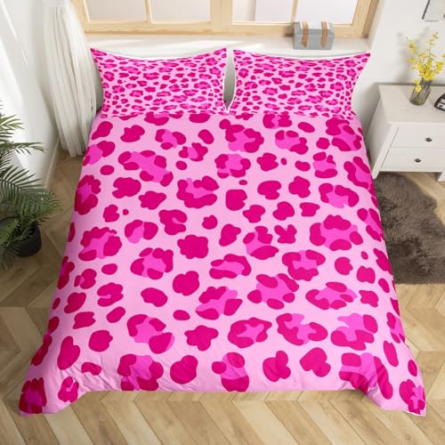 Homemissing Hot Pink Leopard Druck Bettwäsche Set 220x240cm Tierdruck Bettbezug mit Reißverschluss Die Safari mit 2 Kissenbezüge Gepard Bettwäsche-Set