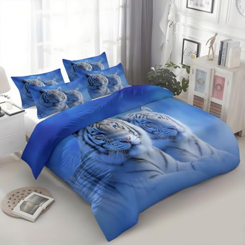 Bettwäsche Blau 135 x 200 cm Tier Traumhafter Weißer Tiger Bettbezug, 3teilig Flauschige Wende Winterbettwäsche Set mit Kissenbezug 80x80 cm - Atmungsaktiv, Warm & Hautfreundlich Deckenbezug