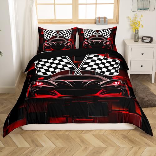 feelingyou Rennen Auto Bettwäsche Sets S Größe, 3D Rot Neon Quadrat Reversible Bettbezug 2Pcs für Kinder, Abstraktes Gitter Schwarz Weiß Karierte Flagge Quilt Cover, 1 Kissenbezug (kein Tröster)