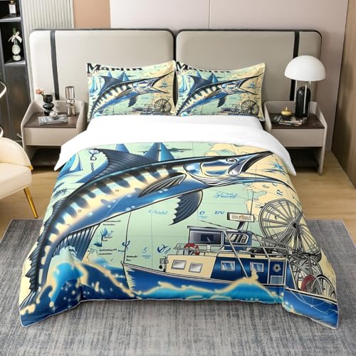 Loussiesd Marlin Schwertfisch Baumwolle Bettwäsche Set 200x200cm Meeresfische Bettbezug Set Nautische Fischerei Jagd Natur Marine Tier Pirate Betten Set Gelb 3Stück Kein Tröster