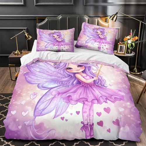 RJAVAGFZL Lila Feenmagie 3D-Bedruckt 3er-Set Bettdeckenbezug verspielter Cartoon-Stil Kuschelbezug Mikrofaser Hypoallergen Atmungsaktiv für Jungen Männer Erwachsene Single (135x200cm)