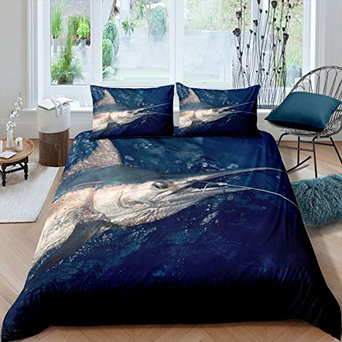 Homewish Angeln Bettbezug Set Marineblau Ocean Trösterbezug Fang Schwertfisch Bettwäsche Set Für Kinder Teen Jungen Mädchen Erwachsene Angelhaken Meeresfrüchte Fischer Bettbezug 135x200