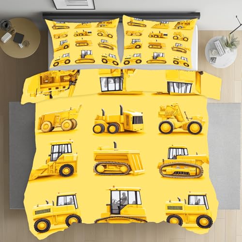 Pggong Karikatur Traktor Bagger Bulldozer Bettwäsche Microfaser Baufahrzeuge Jungen Mädchen Bügelfreie Bettbezug 3teilig mit Reißverschluss Sommer Bettbezüge 180x200 cm mit 2 Kissenbezug 80x80 cm