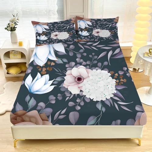 Spannbettlaken-Set für Doppelbett, Gris Landhaus-Blumenstil Tiefe Tasche 30cm,Weiche Mikrofaser,3-teiliges Bettwäsche-Set mit 2 Kissenbezügen, hypoallergen, 135 x 190 cm L910