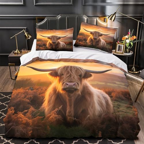 Highland-Kuh-Bettwäsche- Set, 3D-Digitaldruck, Mikrofaser, farbecht, rustikale Landschaft, Foto, Bettbezug, 2 Kissenbezüge, Reißverschluss, für Jungenzimmer, Super-Kingsize-Bett (260 x 220 cm)