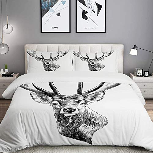 ELIENONO Bettwäsche-Set,Elch-Hirs ch-Rotwild-Kopf-Skizzen-G rafiken einfarbige Schwarzweiss-Zeichnung gezeichnet,Dekoratives 3-teiliges Bettwäscheset mit 2 Kissenbezügen,Einzelgrö ße(135 x 200cm) ELIENONO Bettwäsche-Set,Elch-Hirs ch-Rotwild-Kopf-Skizzen-G rafiken einfarbige Schwarzweiss-Zeichnung gezeichnet,Dekoratives 3-teiliges Bettwäscheset mit 2 Kissenbezügen,Einzelgrö ße(135 x 200cm)