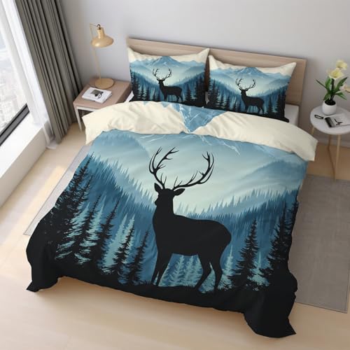 Generisch Hirsch Bettwäsche 135x200 cm, Bettbezug Wald Kiefer Elch 2teilig, 1 Wendebettwäsche + 1 Kissenbezug 80x80 cm Weich Mikrofaser, Schlafzimmer Deko & Geschenk S-1