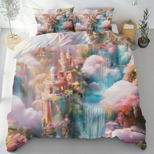 Tyafsgvqo Märchen Schloss Bettwäsche Set 200x200, Wasserfall Bettbezug 3D Druck 3 Teilig, Fantasy Wunderland Trösterbezug Atmungsaktiv & Weich, Wendebettwäsche mit 2 Kissenbezug 80x80