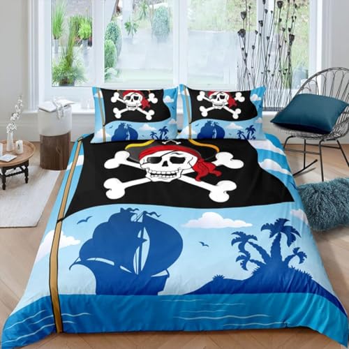 NUEYSP Bettwäsche 135x200 Pirat Bettwäsche-Sets 3D-Motiv, Mikrofaser, 1 Bettbezug 135x200 + 1 Kissen 80x80 mit Verdecktem ReißVerschluss für Mädchen Jungen.