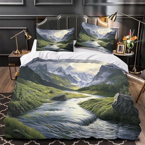 RJAVAGFZL Bergflusslandschaft 3D-Bedruckt 3er-Set Bettbezug Naturlandschaftskunst Kuschelbezug Mikrofaser Hypoallergen Reißverschluss für Jungen Jugendliche Erwachsene Single?140x200cm?