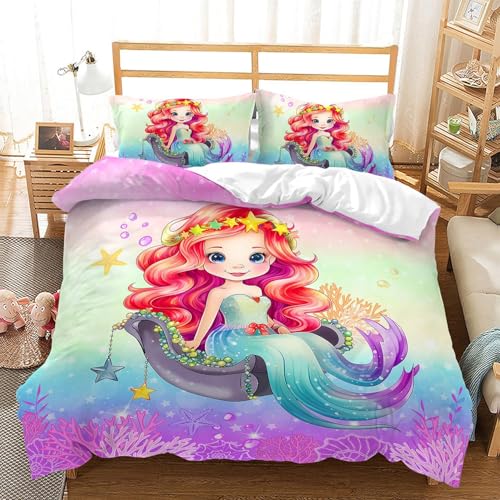 RZPFQB Meerjungfrau Prinzessin Kinder Bettwäsche 200x200 Bettwäsche Set für Teens Jungen Mädchen Kinderbettwäsche Niedliche Karikatur Meerjungfrau Bettbezug Set Ozean Thema Microfaser Bettwäscheset