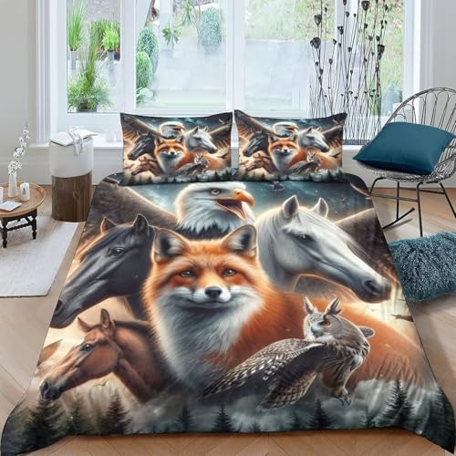 Tiere Adler Fuchs Pferd Bettbezug Set 3D Gedruckter Bettwäschegarnitur Für Kinder Mädchen Jungen Bettwäsche 2 Kissenbezüge Weich Microfaser Reissverschluss 3 Teilig 135X200 Cm   Hypoa  84697460251