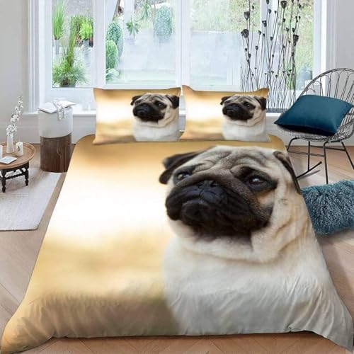 Möpse Bettwäsche 140x200 Hunde Bettwäsche-Sets für Mädchen Jungen Kinder Weiche Mikrofaser 3D Drucken Bettbezug mit Reißveschluss und 2 Kissenbezüge L-3391