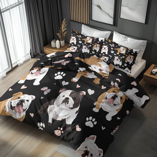 Bettwäsche 135x200 Englische Bulldogge Design, 2teilig - Hund Schmetterling Pfotenabdruck Herz Bettbezug und 1 Kissenbezug 80x80, Wendebettwäsche, Schlafzimmer Deko, mit Reißverschluss SD-1556