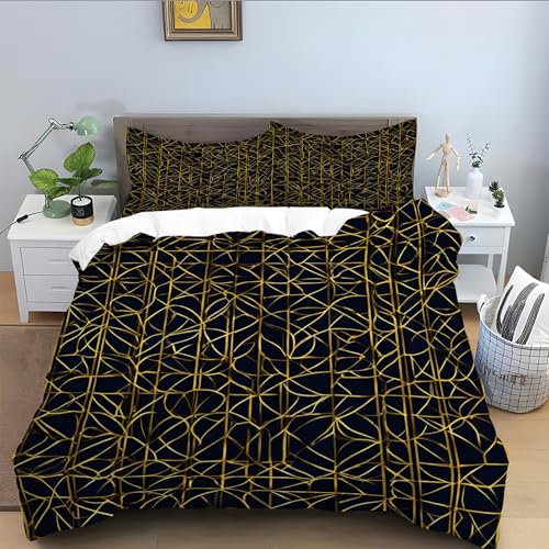 Bettwäsche 135x200 Kinder für Linie,Schwarz Bettbezug 3 Teilig, Mikrofaser Bettwäsche-Set Atmungsaktive, Bettbezüge mit Reißverschluss Schließung und 2 Kissenbezug 80x80 cm-Gold A214