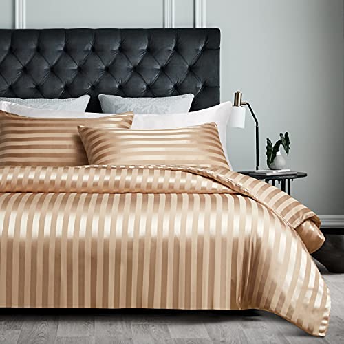 Damier Bettwäsche 155x220cm Beige Satin glatt glänzend gestreift Bettwäsche Set Uni einfarbig Luxus Glanzsatin Bettbezug mit verdecktem Reißverschluss und 1 Kissenbezug 80 × 80 cm