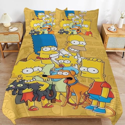YINGD The Simpsons Bettwäsche-Set, Mikrofaser, 3D-Druck, leicht, 3-teiliges Bettdecken-Set für Kinder, Jungen, Mädchen
